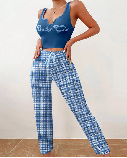 Spring Summer Women's Casual Pajamas Home Wear Vest Color Matching Plaid Trousers Letter Print Top Ladies 2 Pcs Home Clothes Sleepwear