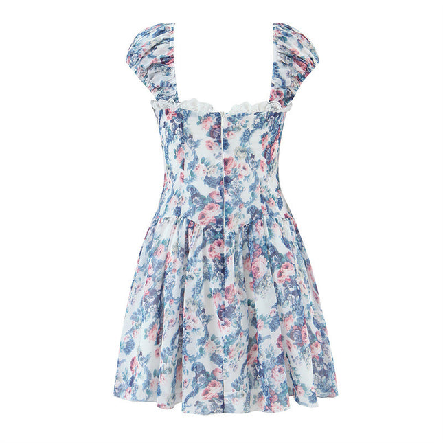 Blue Flower Three-dimensional Steel Ring Lotus Leaf Edge Decoration Mini Dress