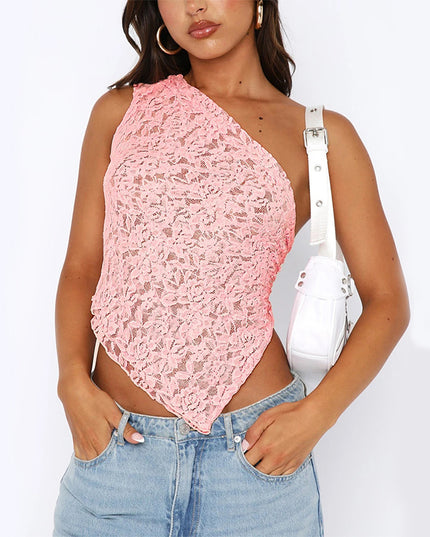 Ins Lace Backless Top Summer Solid Color Waistless Asymmetrical Sloped Neck Vest Streetwear Womens Clothes