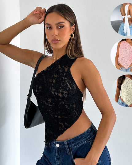 Ins Lace Backless Top Summer Solid Color Waistless Asymmetrical Sloped Neck Vest Streetwear Womens Clothes