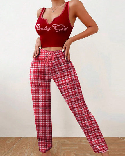 Spring Summer Women's Casual Pajamas Home Wear Vest Color Matching Plaid Trousers Letter Print Top Ladies 2 Pcs Home Clothes Sleepwear