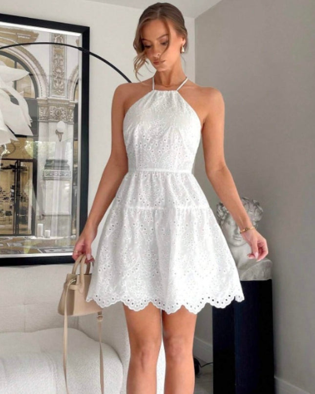 Lace Patchwork Long Dress High Waist A- Line White Dress