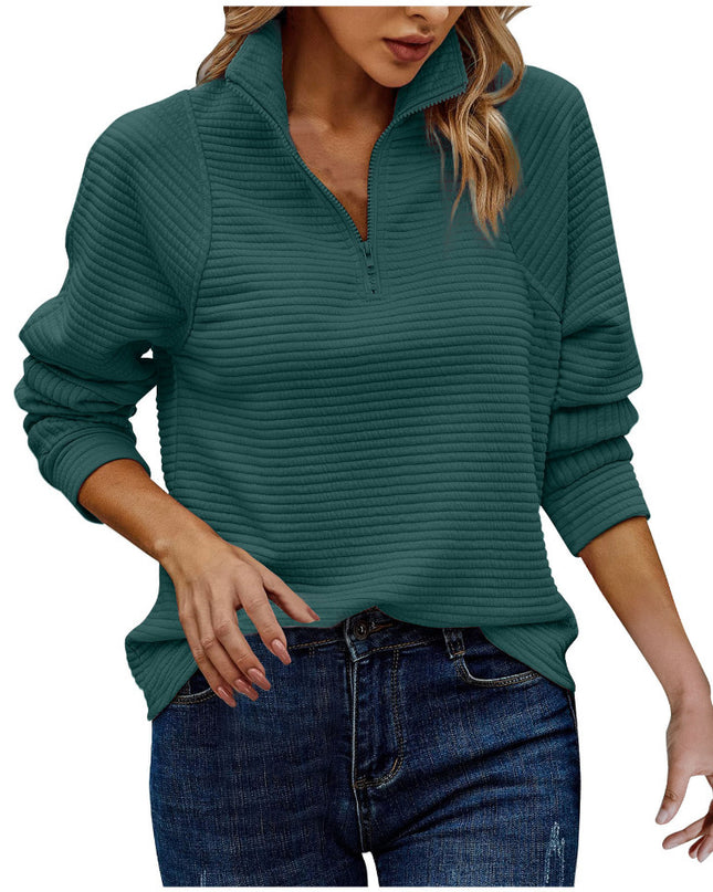 Zipper Stand Collar Pullover Sweatshirt Fashion Solid Striped Long Sleeve Top Spring And Autumn Women's Clothing