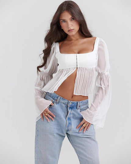 Sweet Short Version Elegant Sheer Long Sleeve Square Collar Top