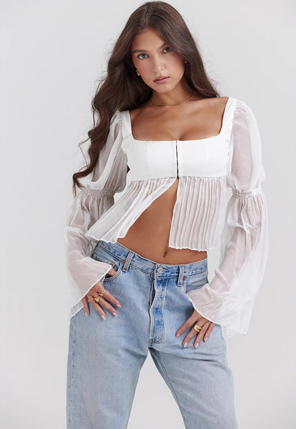 Sweet Short Version Elegant Sheer Long Sleeve Square Collar Top