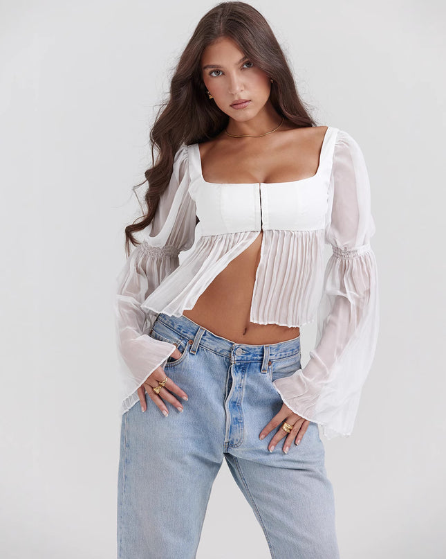 Sweet Short Version Elegant Sheer Long Sleeve Square Collar Top