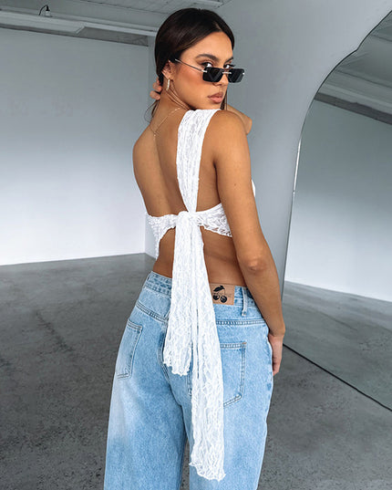 Ins Lace Backless Top Summer Solid Color Waistless Asymmetrical Sloped Neck Vest Streetwear Womens Clothes