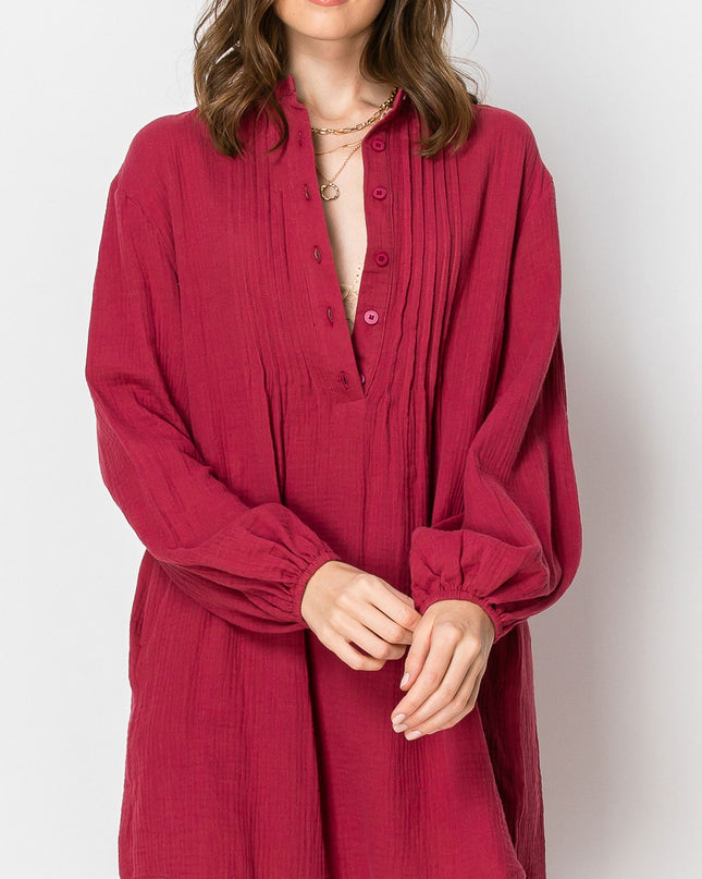 Woman's Long Sleeve Button Down Casual Tunic Dress With Pockets