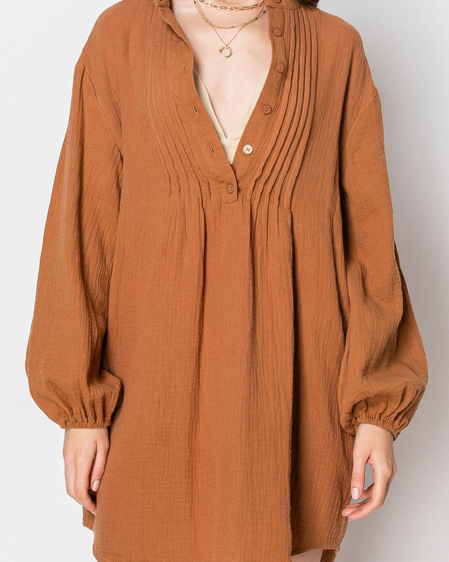 Woman's Long Sleeve Button Down Casual Tunic Dress With Pockets