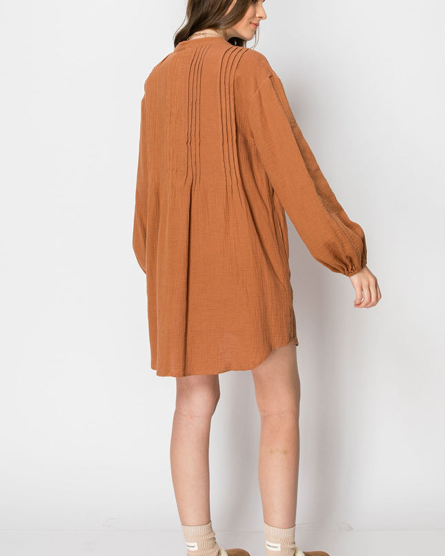 Woman's Long Sleeve Button Down Casual Tunic Dress With Pockets
