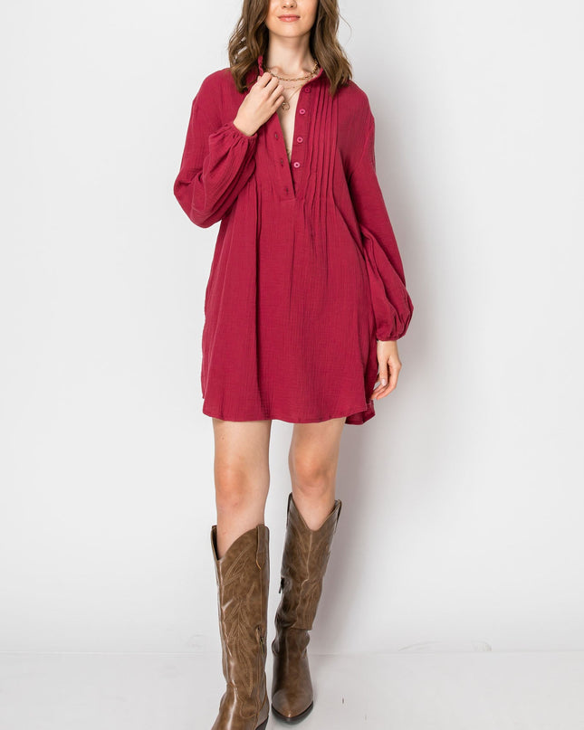 Woman's Long Sleeve Button Down Casual Tunic Dress With Pockets