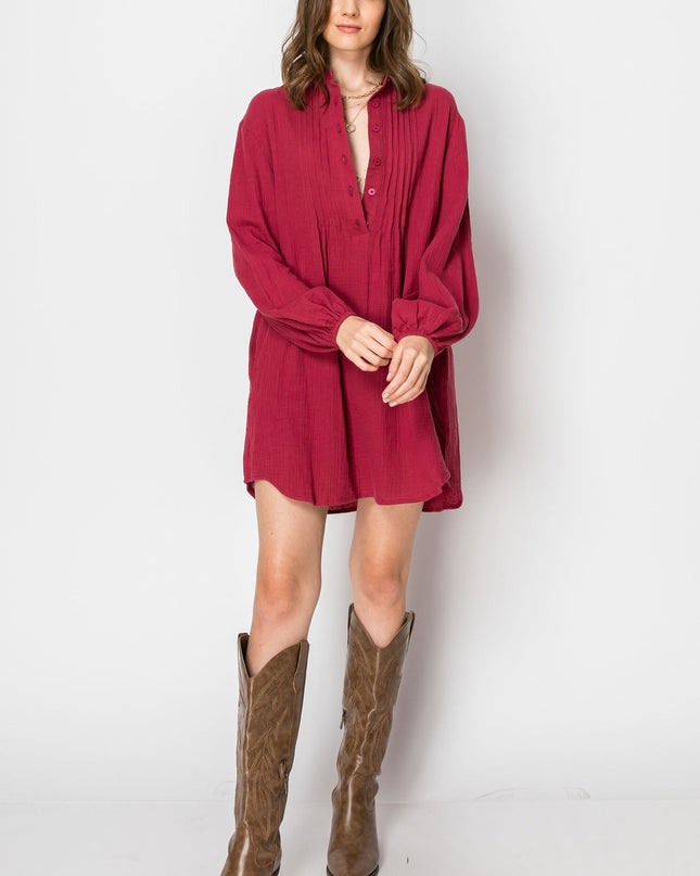 Woman's Long Sleeve Button Down Casual Tunic Dress With Pockets