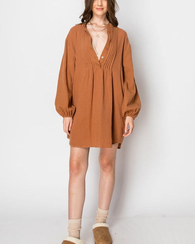 Woman's Long Sleeve Button Down Casual Tunic Dress With Pockets