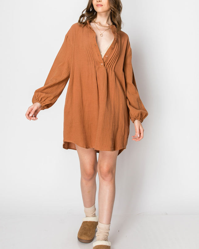 Woman's Long Sleeve Button Down Casual Tunic Dress With Pockets