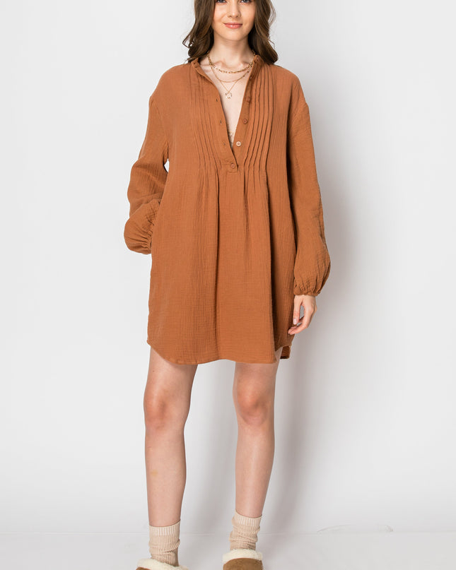 Woman's Long Sleeve Button Down Casual Tunic Dress With Pockets