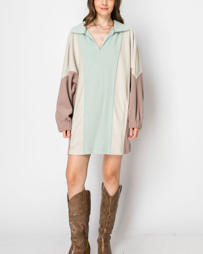 Color Block Long Sleeve Collared Mini Dress With Pockets