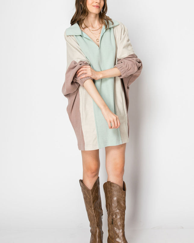 Color Block Long Sleeve Collared Mini Dress With Pockets