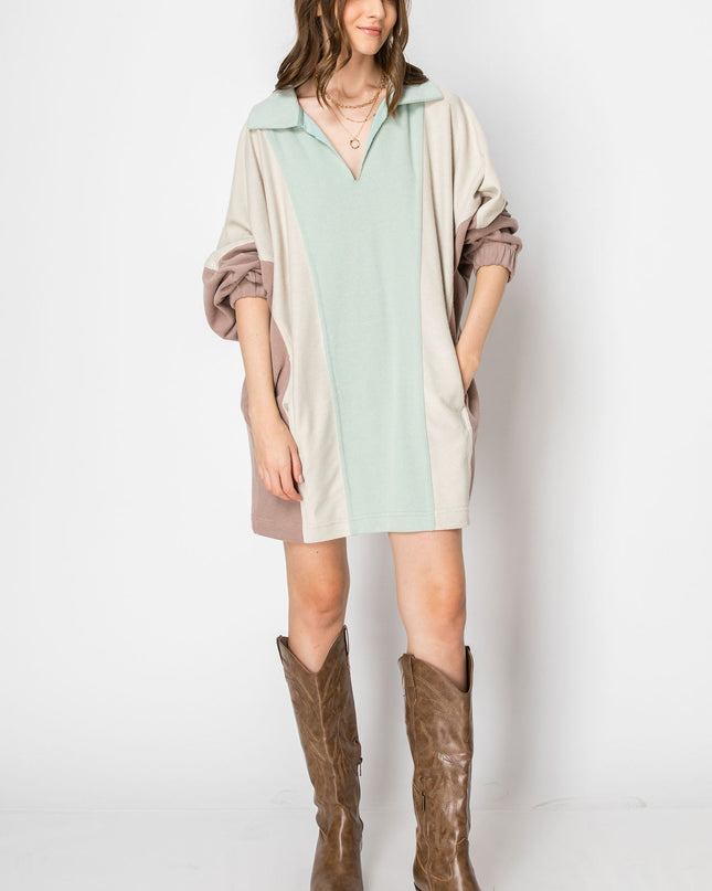 Color Block Long Sleeve Collared Mini Dress With Pockets