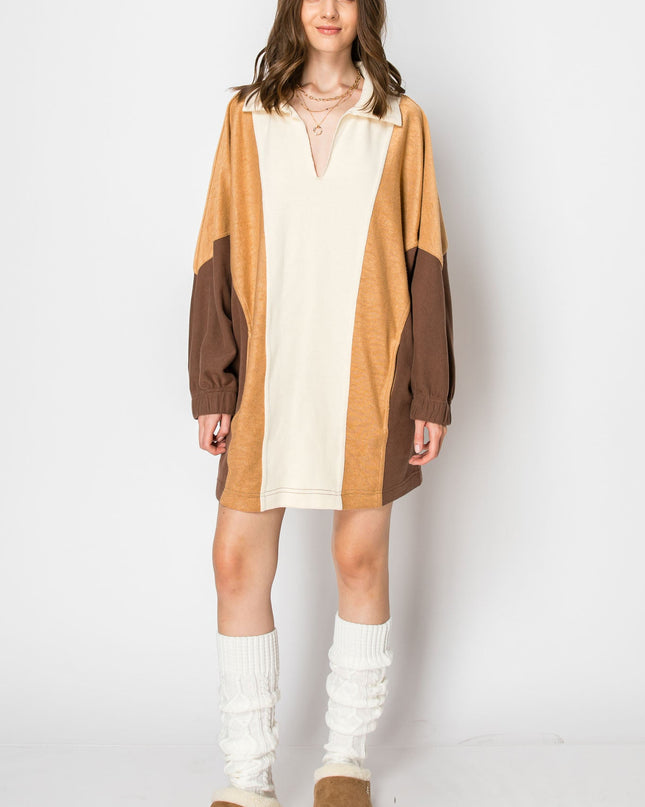 Color Block Long Sleeve Collared Mini Dress With Pockets
