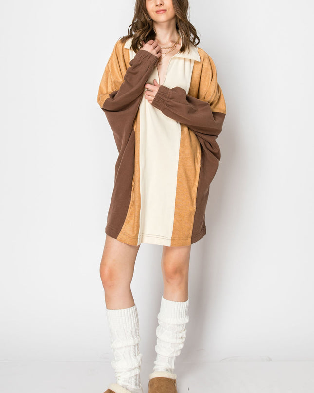Color Block Long Sleeve Collared Mini Dress With Pockets