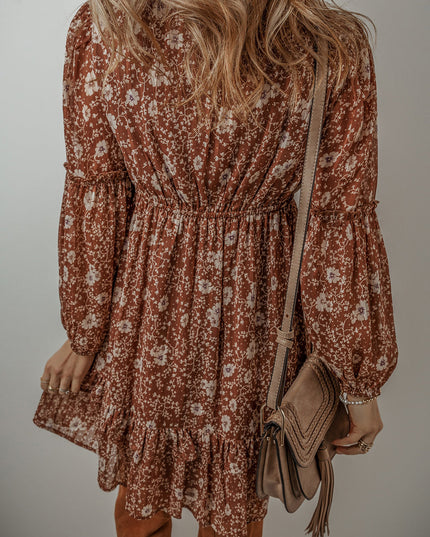 Ashley Boho Floral Puff Sleeve Mini Dress