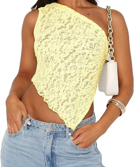 Ins Lace Backless Top Summer Solid Color Waistless Asymmetrical Sloped Neck Vest Streetwear Womens Clothes