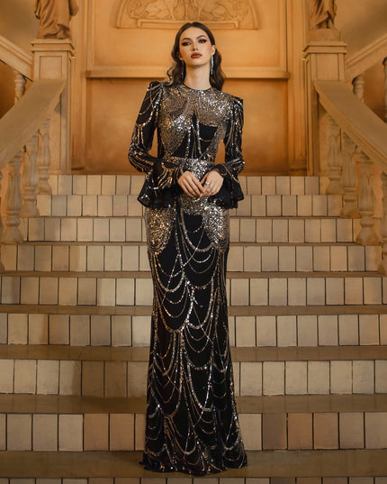 Long Sleeve Round Neck Slim-fit Sheath Sequined Banquet Fishtail Evening Dress