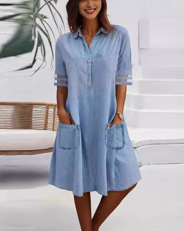 Mesh Stitching Solid Color Denim Short Sleeve Dress Dress