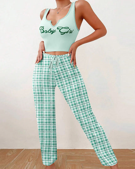 Spring Summer Women's Casual Pajamas Home Wear Vest Color Matching Plaid Trousers Letter Print Top Ladies 2 Pcs Home Clothes Sleepwear