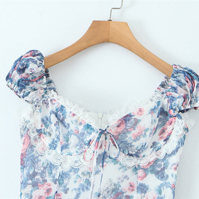 Blue Flower Three-dimensional Steel Ring Lotus Leaf Edge Decoration Mini Dress