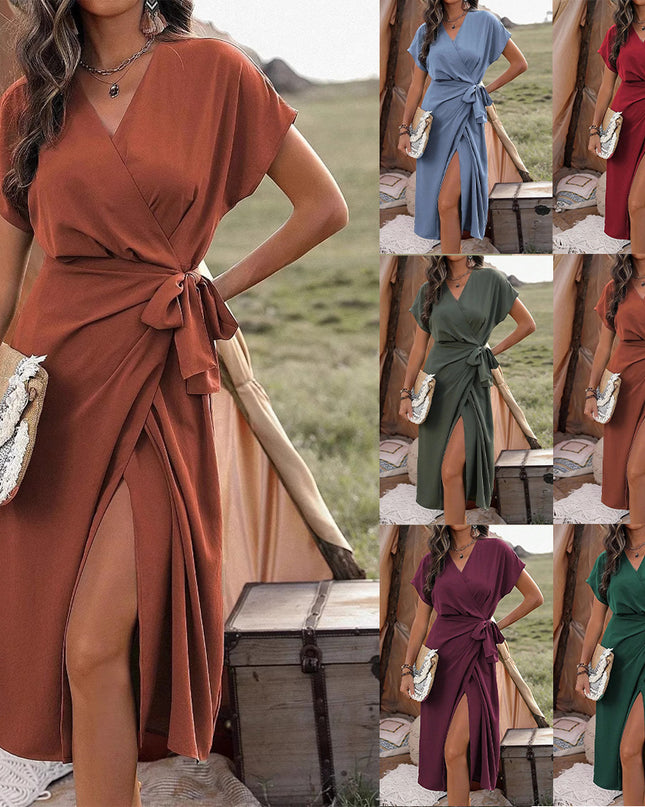 Commuting Fashion Forged Split Women's Solid Color Wrap Suspender Dress