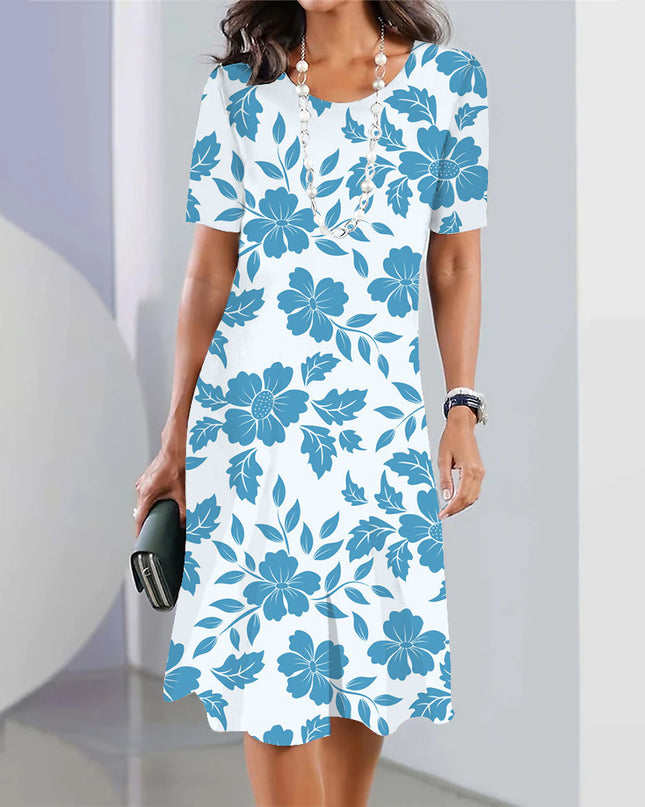 3d Floral Blue Printed Round Neck Fashion Party Dress