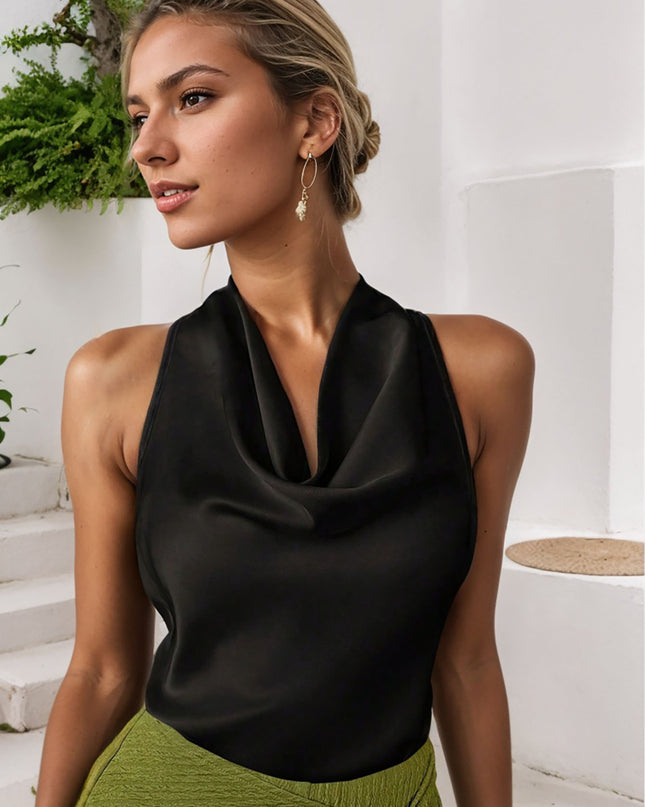 Women Solid Color Swing Collar Sleeveless Vest Trendy Elegant Shirt With Halter Neckline Backless Short Sleeve Tops Tshirts