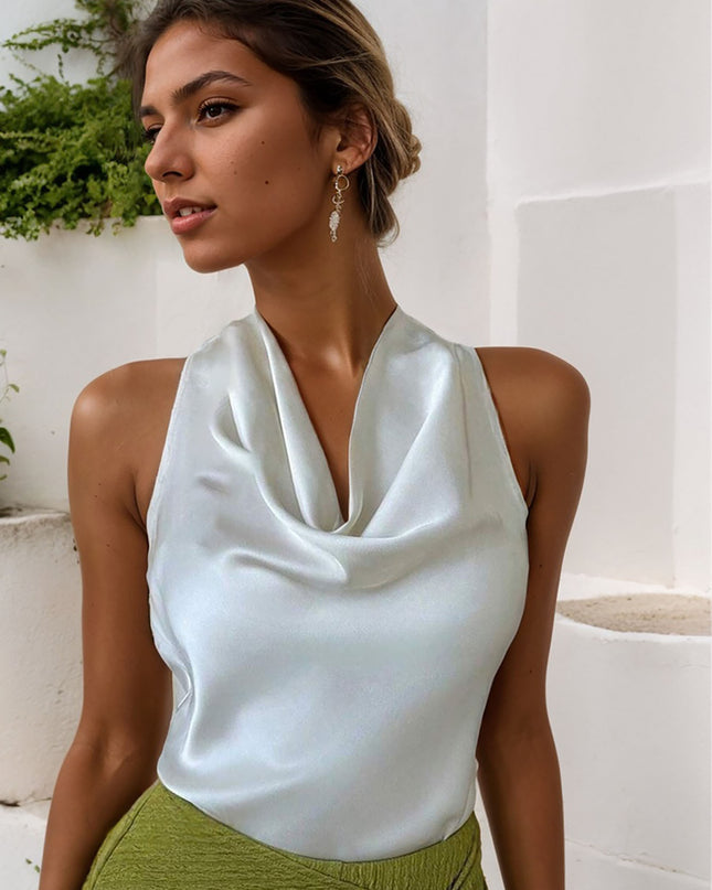 Women Solid Color Swing Collar Sleeveless Vest Trendy Elegant Shirt With Halter Neckline Backless Short Sleeve Tops Tshirts