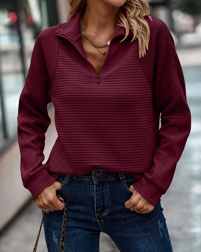 Zipper Stand Collar Pullover Sweatshirt Fashion Solid Striped Long Sleeve Top Spring And Autumn Women's Clothing
