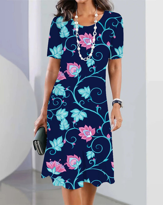 3d Floral Blue Printed Round Neck Fashion Party Dress