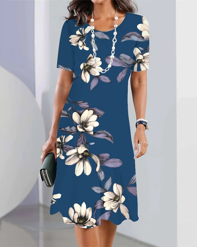 3d Floral Blue Printed Round Neck Fashion Party Dress