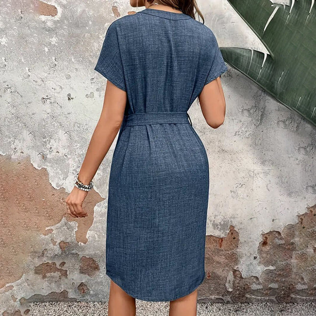Women's Elegant V Neck Short Sleeve High Waist Summer Casual Dress With Belt