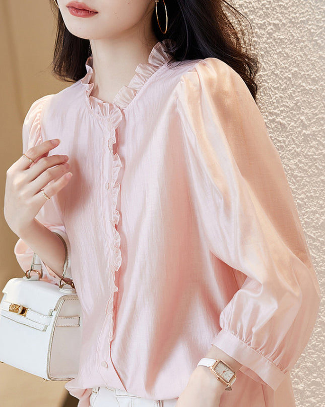 Nine-quarter Sleeve Shirt Women's Puff Sleeve Thin Solid Color Top