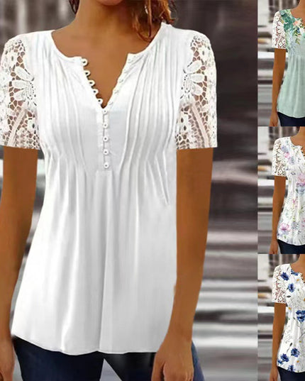 Women's Lace Lace Sleeve Pleated Solid Color Printing Button Short Sleeve