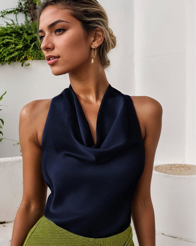 Women Solid Color Swing Collar Sleeveless Vest Trendy Elegant Shirt With Halter Neckline Backless Short Sleeve Tops Tshirts