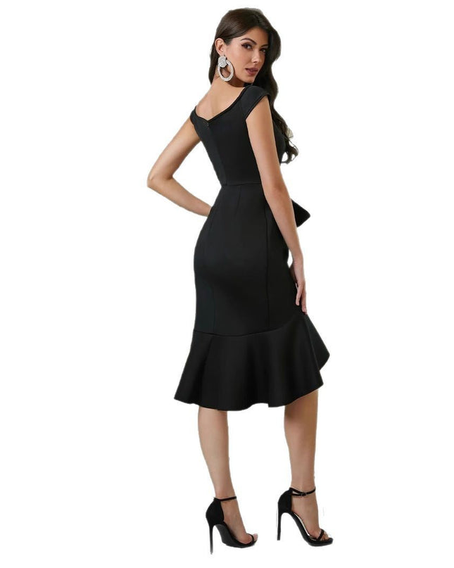 Women's Off-the-shoulder V-neck Ruffled Pleated Waist Slit Dress