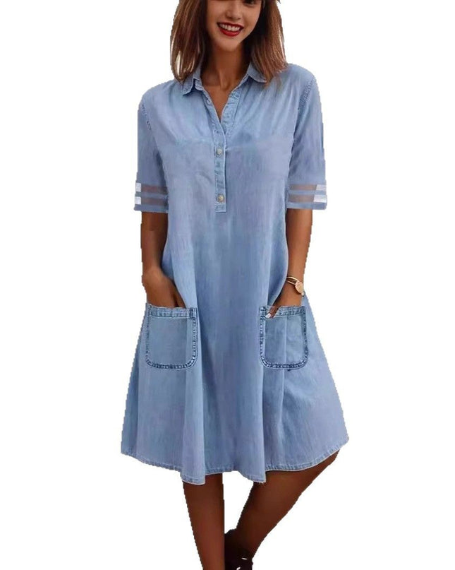 Mesh Stitching Solid Color Denim Short Sleeve Dress Dress