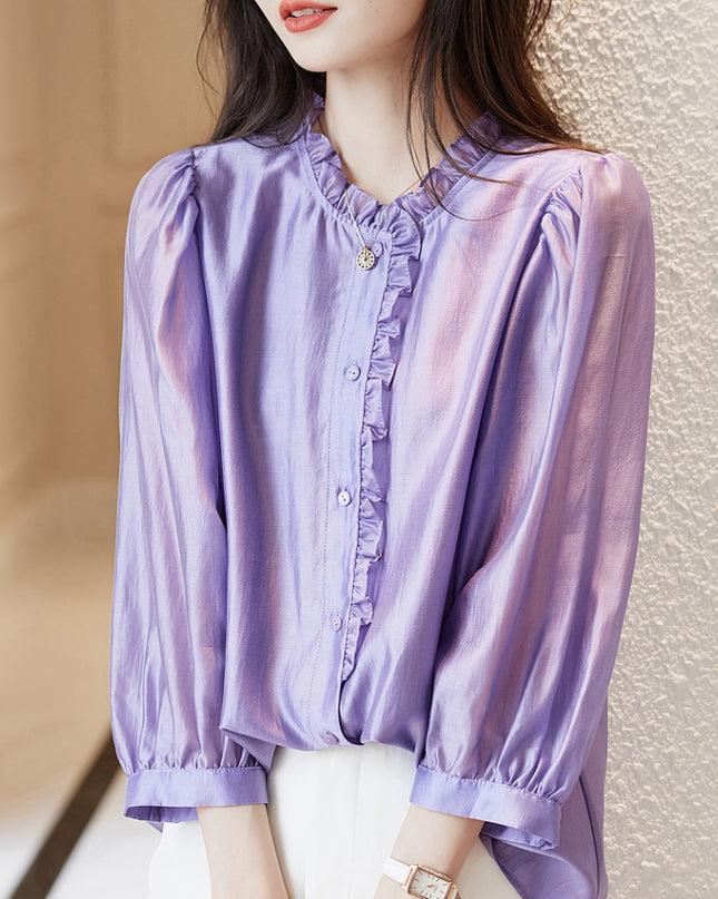 Nine-quarter Sleeve Shirt Women's Puff Sleeve Thin Solid Color Top