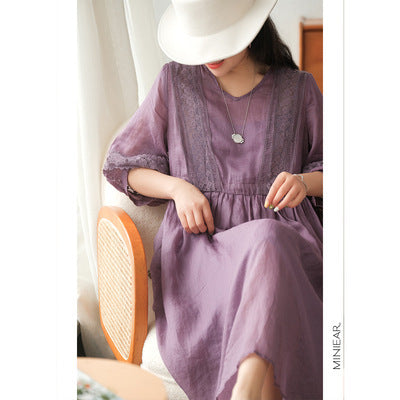 Three-quarter Sleeve Artistic Style Lace-up Dress Long V-neck Comely