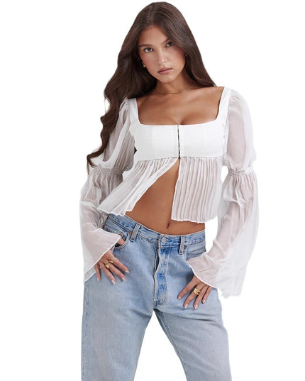 Sweet Short Version Elegant Sheer Long Sleeve Square Collar Top