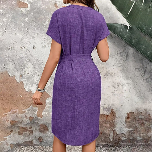 Women's Elegant V Neck Short Sleeve High Waist Summer Casual Dress With Belt