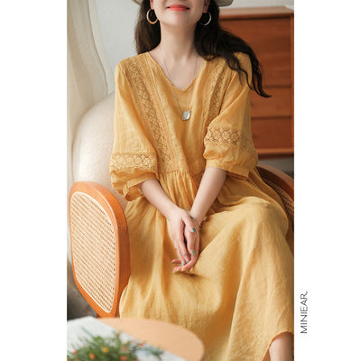 Three-quarter Sleeve Artistic Style Lace-up Dress Long V-neck Comely