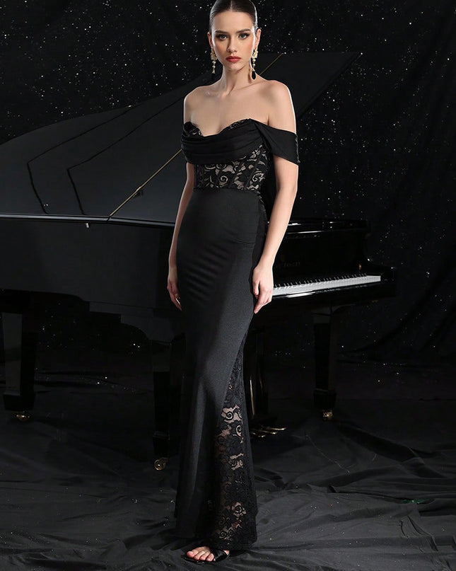 Off-shoulder Lace Stitching Evening Dress