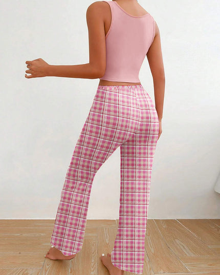 Spring Summer Women's Casual Pajamas Home Wear Vest Color Matching Plaid Trousers Letter Print Top Ladies 2 Pcs Home Clothes Sleepwear